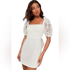 Lulu’s NWT Charming Potential White Backless Puff Sleeve Floral Bow Mini Dress S